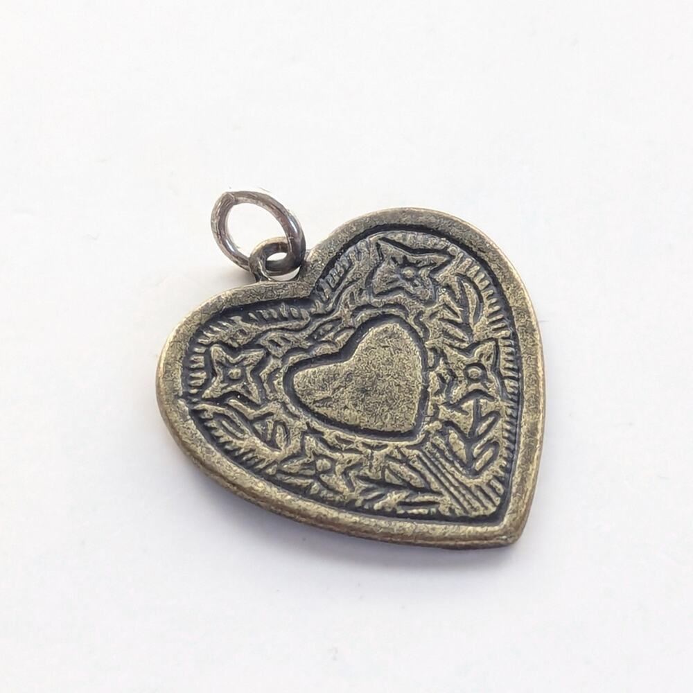 Vintage Brass Gold Tone Floral Etched Victorian Style Heart Charm Pendant